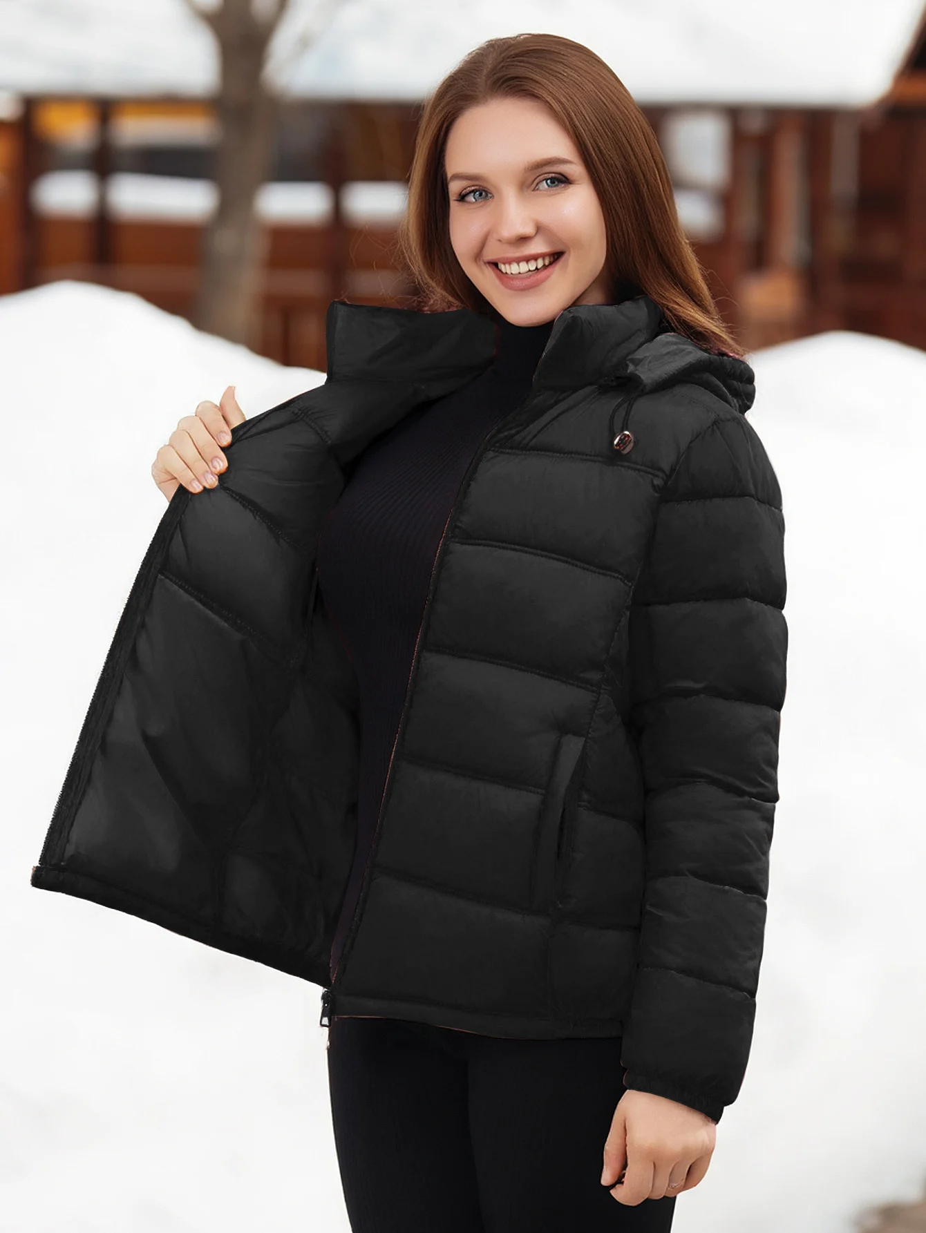 Pufferjack met capuchon voor dames, thermische gewatteerde winterjas