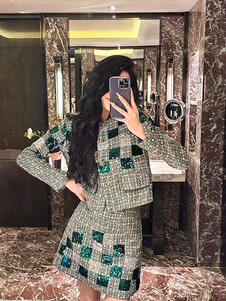 Luxury Plaid Sequined jacket and mini skirt Women's 2 Piece set Evening Single breasted blazer High quality Suit INKEO 4O021