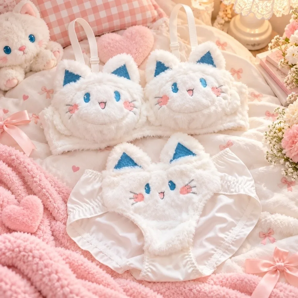 Cute Warm Bra Panties Suit Push Up Wire-free Cat Plush Lingerie Set Japanese Style Lolita Plush Underwear Girls