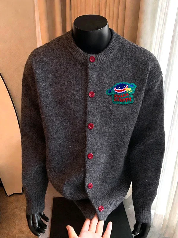 

Мужской вязаный кардиган с вышивкой и пэчворком, круглый вырез, осенне-зимний, повседневный, из полиэфирного волокна