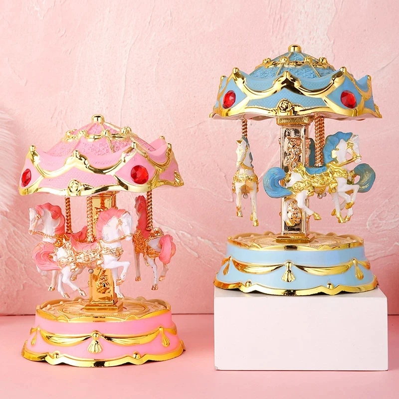 Carillon Carousel 4 scatole musicali in legno di cavallo rosa giostre musicali-giostre rotanti giostra decorazioni per la casa Birthd