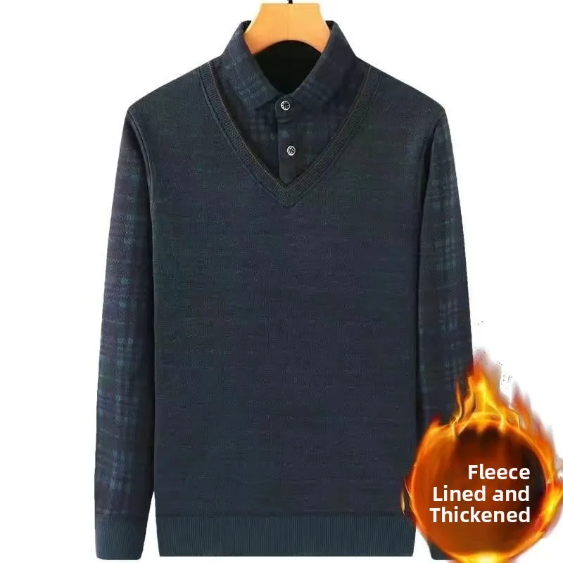 

Thiened Fce Warm Men's Knitted Sweater Woolen irt Dad Winter Clothes Casual round Ne Long Sve Polyester Fiber