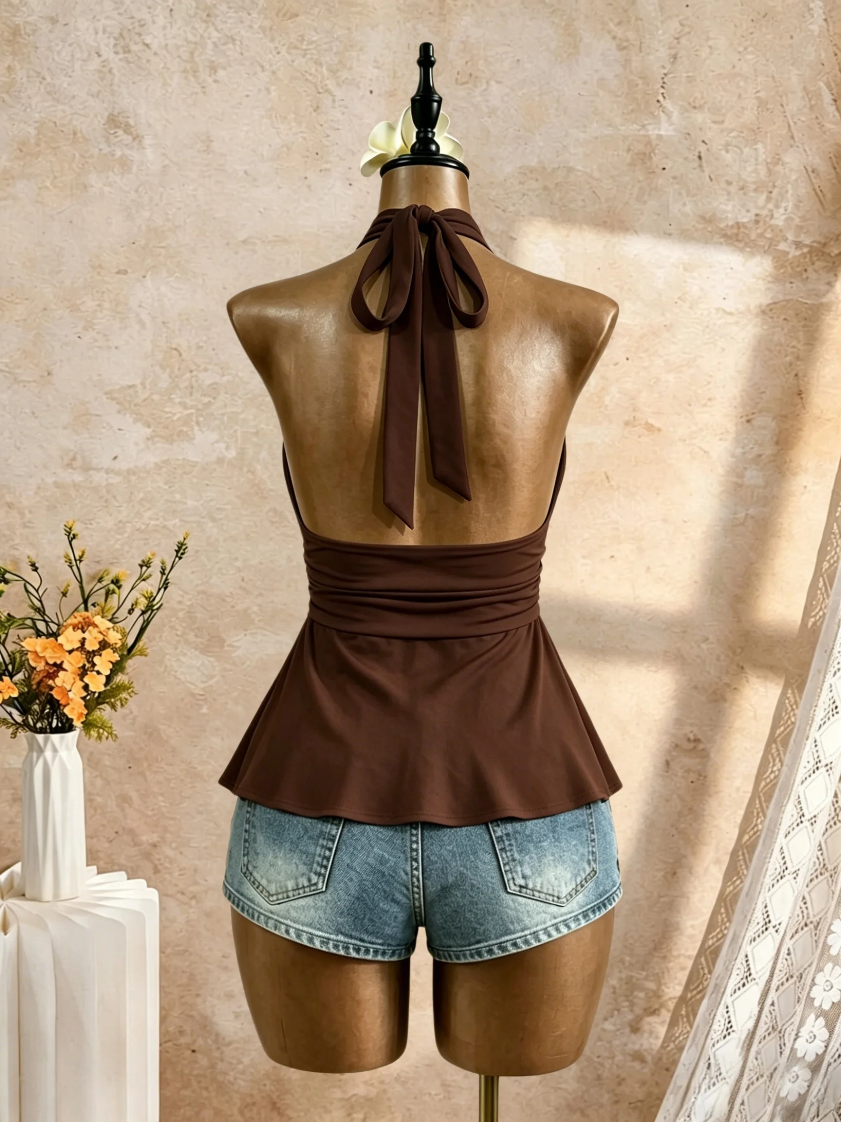 Women Halter Deep V Neck Sleeveless Peplum Tank Top Wrap Waist Ruched Flared Hem Slim Fit Y2K Cami Blouse