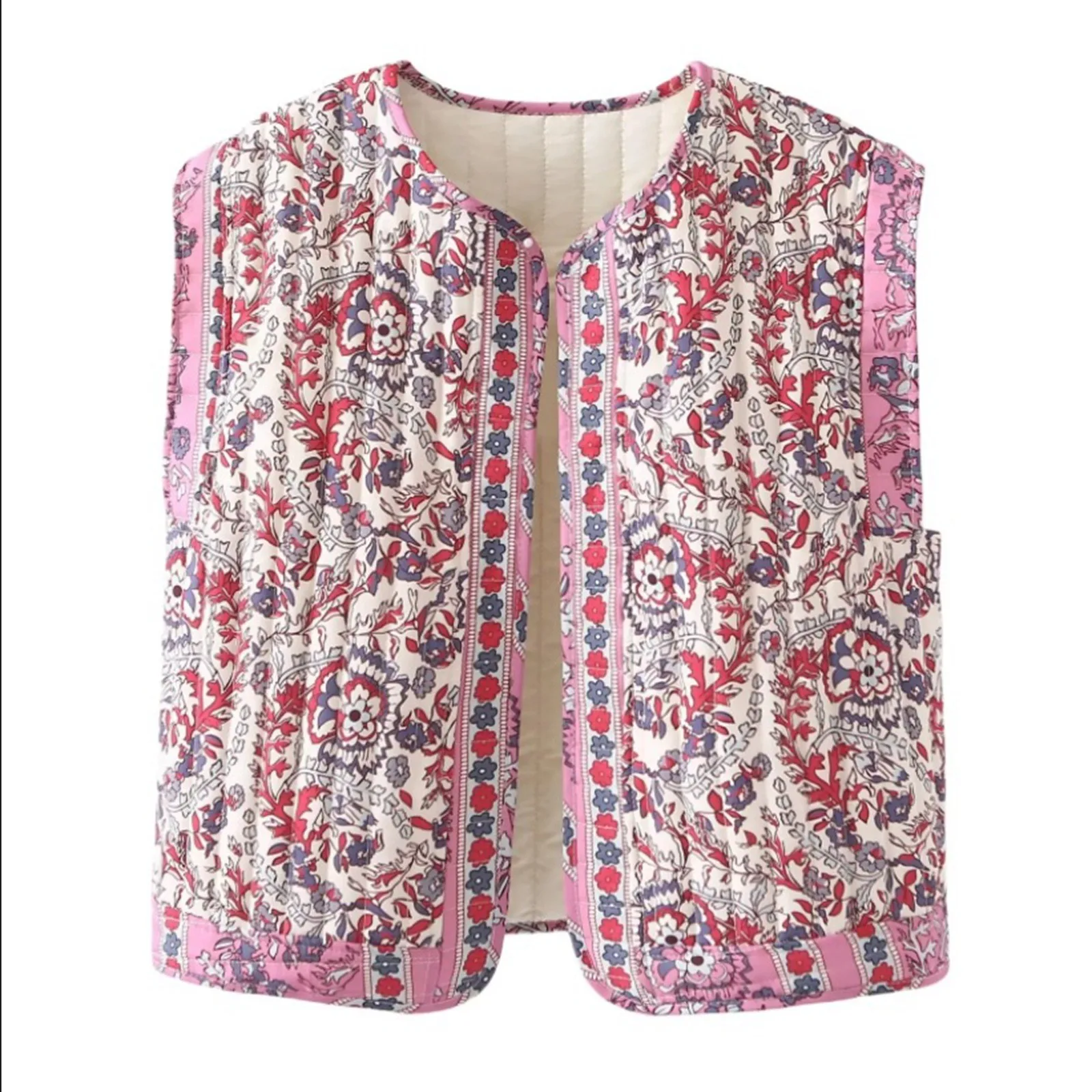 Women Vintage Printed Down Vest Coat Chic Round Neck Sleeveless Waistcoats Elegant Autumn Lady High Street Wear Commuting Tops