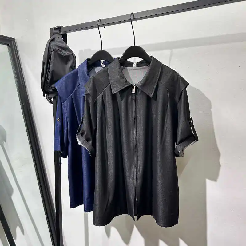 Fashionable High-Grade Non-Ironing Simple Short-Sleeved Shirt Men's Summer American Retro Loose Casual Versatile Zipper