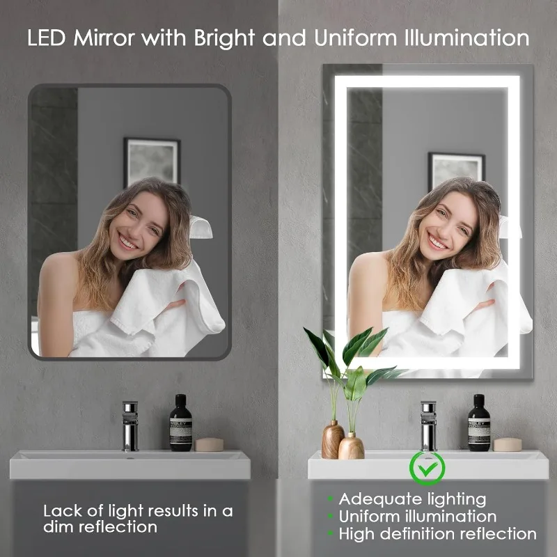 Bathroom Mirror with Lights, Ultra Bright Lighted Mirror Dimmable and Color Tunable, Anti-Fog, LED Bathroom Mirror for Compact