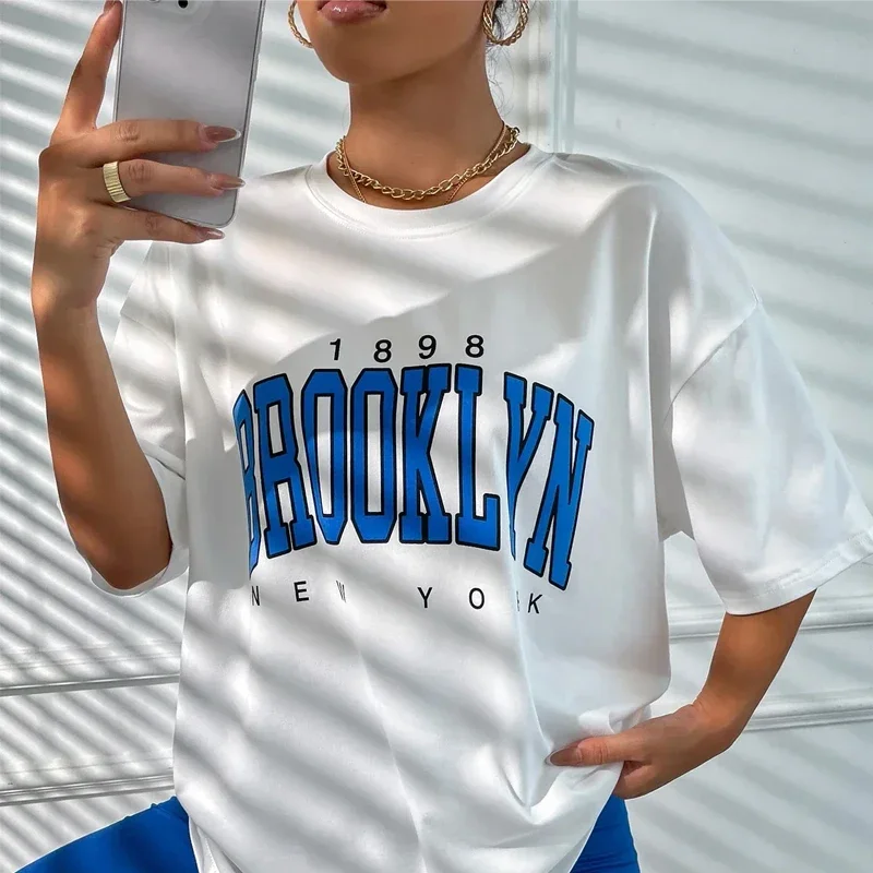 Vintage Women T-Shirt 1898 Brooklyn York Letter Drop Shoulder Print T Shirt Y2K Top Simple Clothes Oversized Female Tshirt