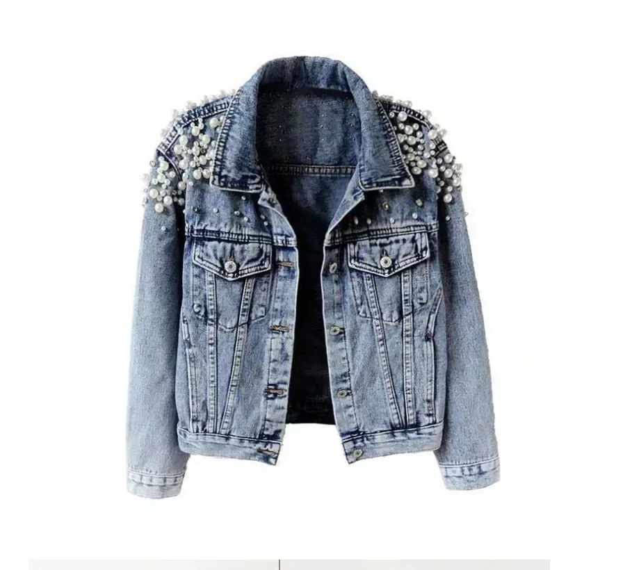 Pearl Denim Coat Women Cotton Spring Autumn Ropa Cardigan Jeans Punk Gothic Bomber Jacket Windbreaker Y2k Women Jackets Korean