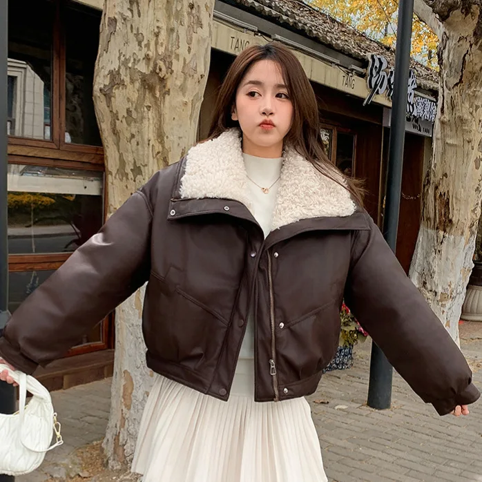 Women Parkas Short Coats Lamb Wool Turn Down Collar Jackets Thick Warm Y2k Streetwear Elegant Work Coat Autumn Winter 2025