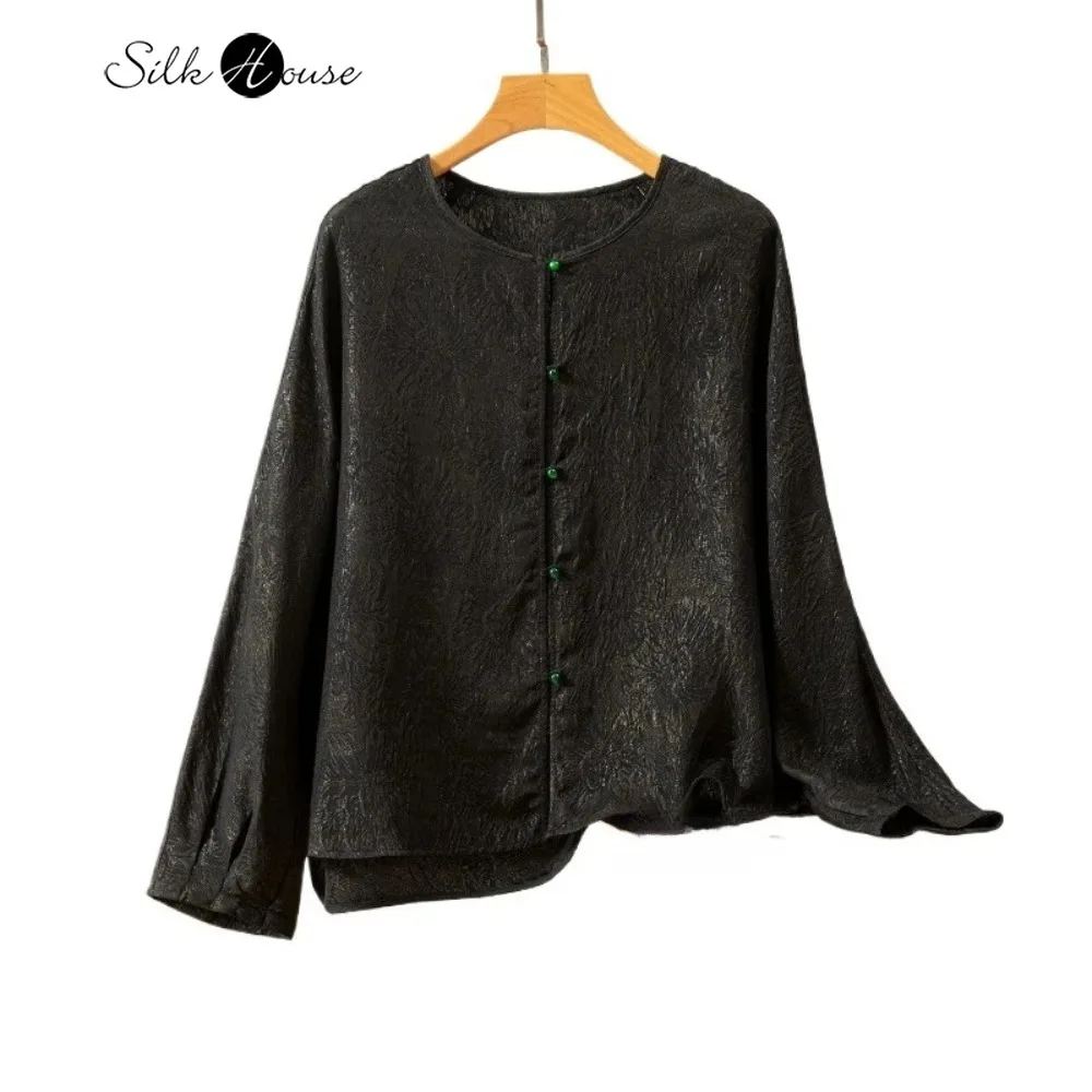 

2025 Women's Fashion Autumn Clothing 100% Natural Mulberry Silk GuanLe Crepe Oriental Style Black Round Neck Long Sleeve Coat