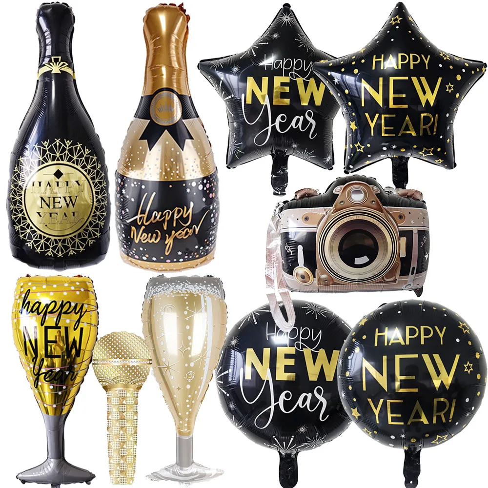 2025 Happy New Year Theme Decoration Star Wine Bottle Microphone Camera Balloon New Year Theme Party Decoration Supplies