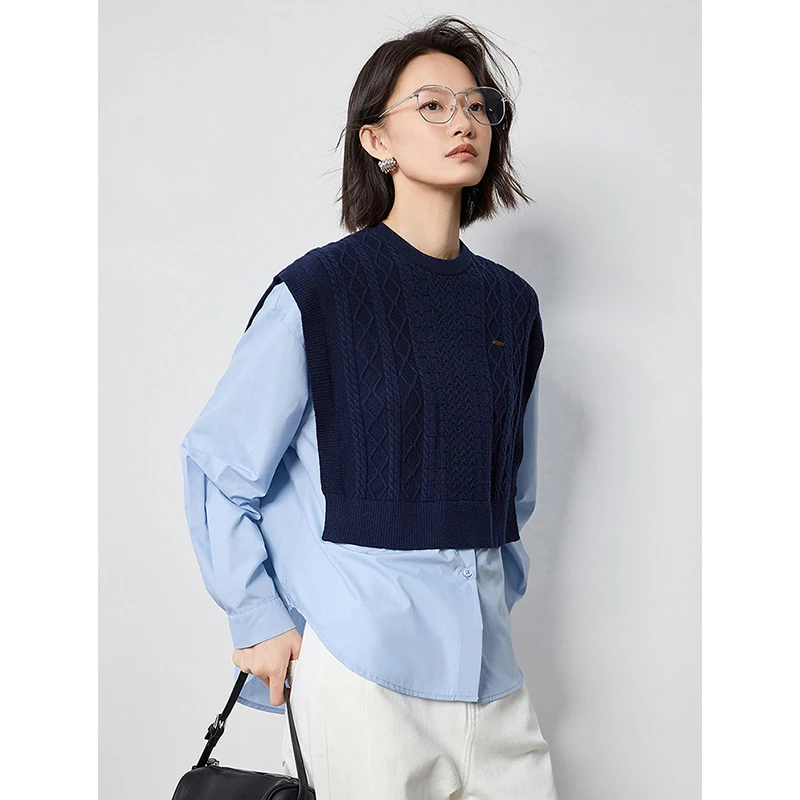 TOYOUTH Women Knitted Blouse Shirt 2024 Autumn New Splicing Fake Two Piece Round Neck Pullover Tops