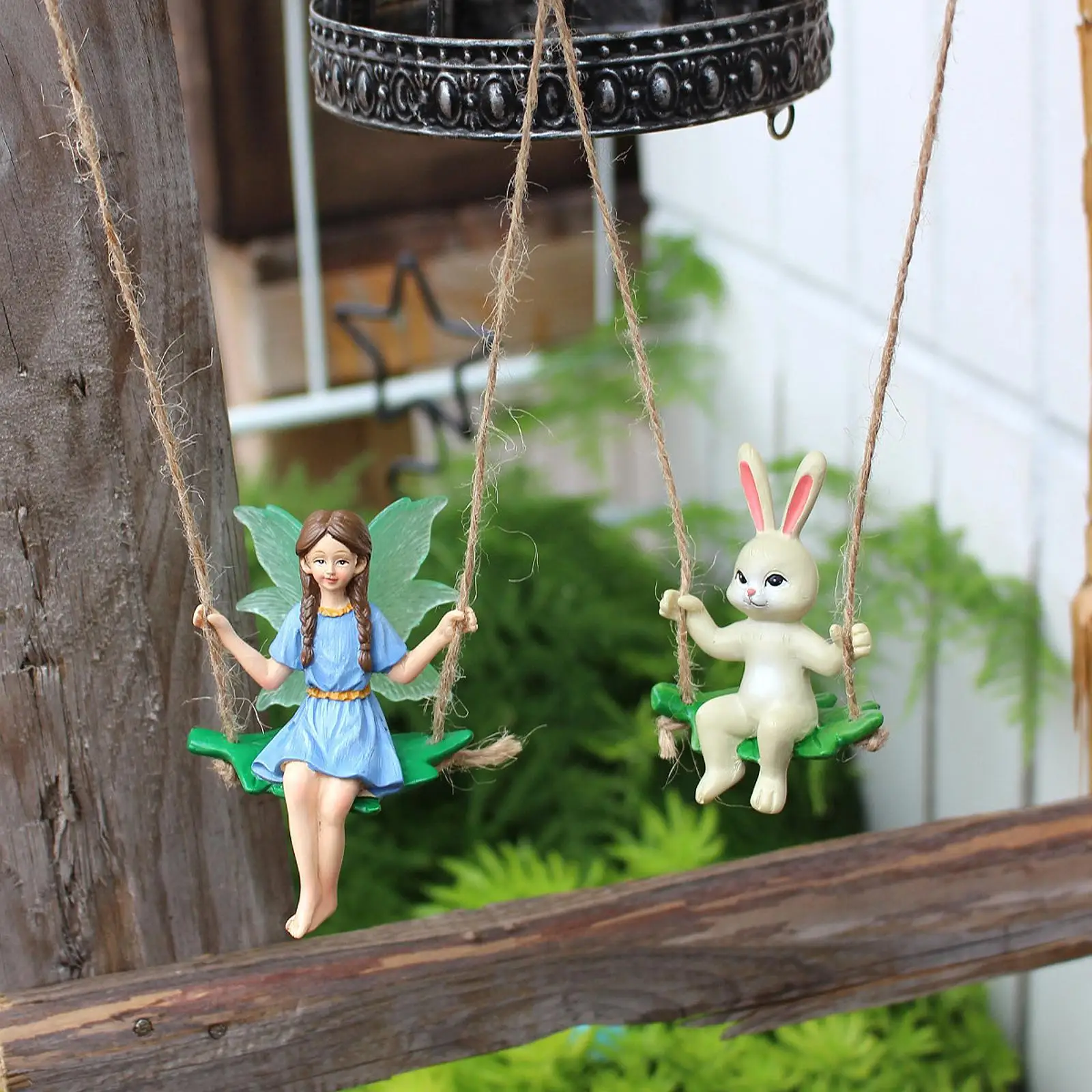 2 Pieces Parachute Fairy Bunny Hanging Decor Resin Ornament for Fence Yard