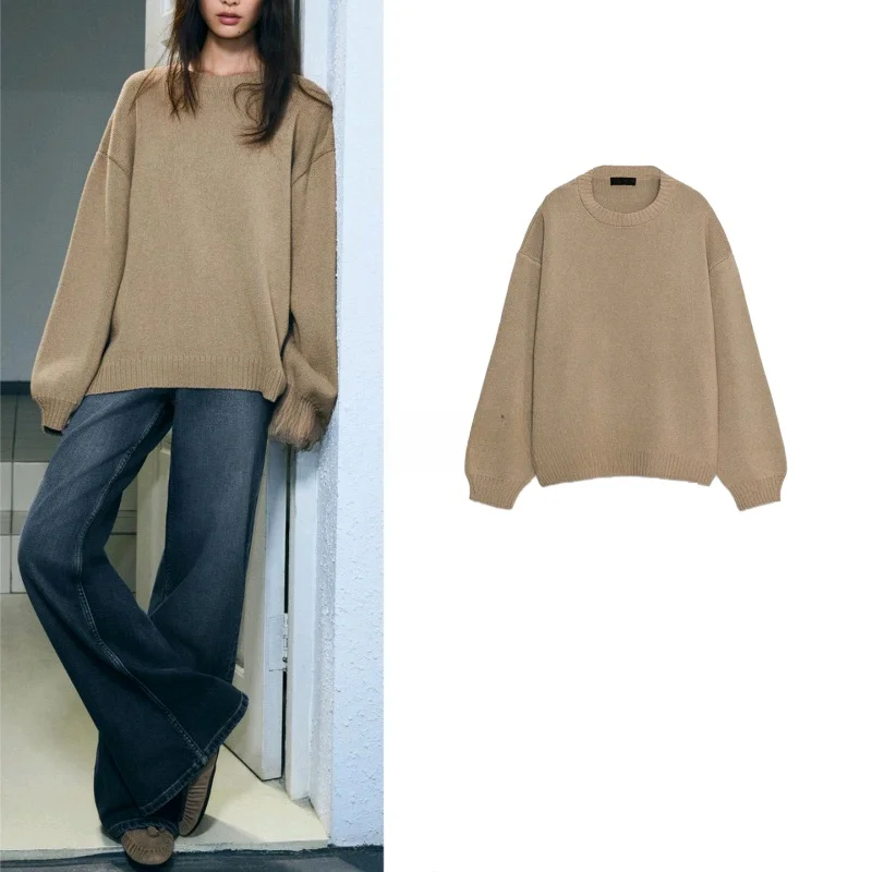 

Loose Long Sve round Ne Knitted Sweater Casual Sle Polyester Fiber Autumn New Arrival Women's Faion Laid-ba Sle