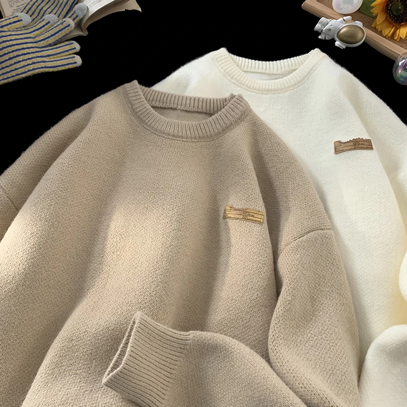 

Мужской свободный вязаный свитер из плотной пряжи в американском стиле, весна-осень, с круглым вырезом, длинными рукавами, в стиле Lazy Sle