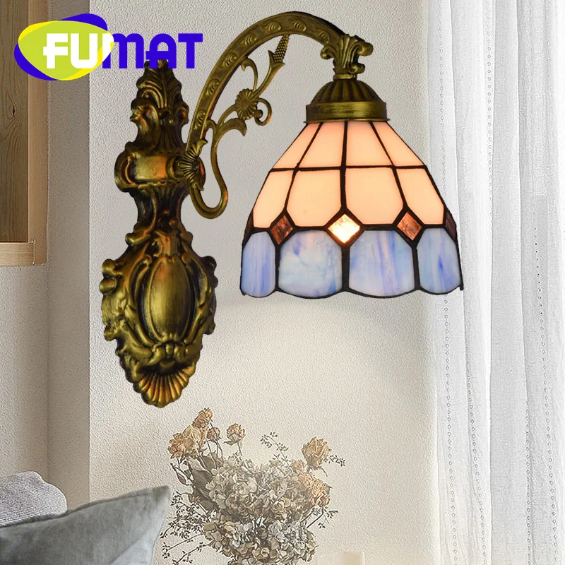 

FUMAT Tiffany style stained glass Mediterranean Blue 6 inch wall lamp Dining room bedroom headboard wall lamp aisle LED decor