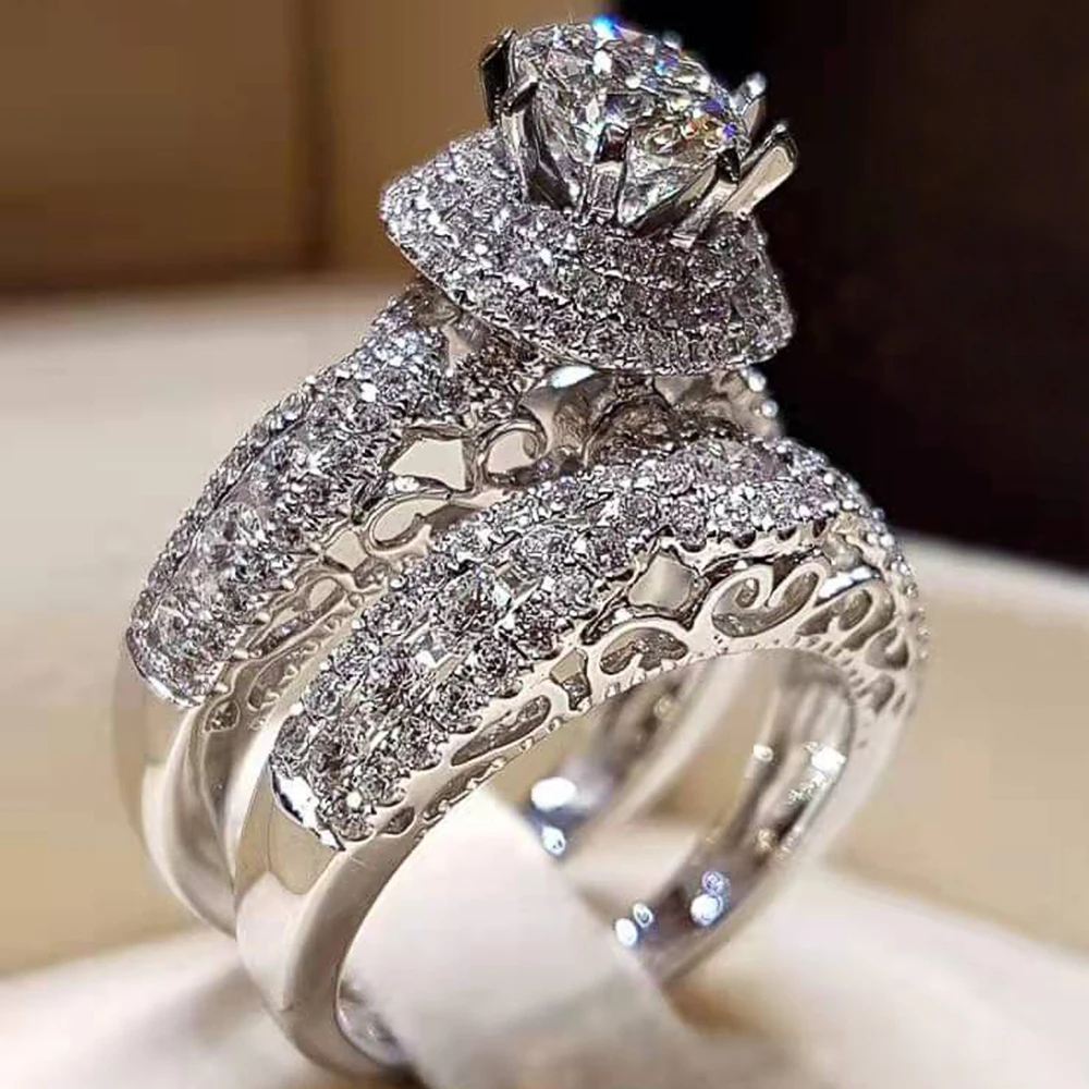 Huitan Mode geometrisch geformte Braut Sets Ringe für Frauen Luxus Silber Farbe Zirkonia Ringe hochwertige Damen schmuck