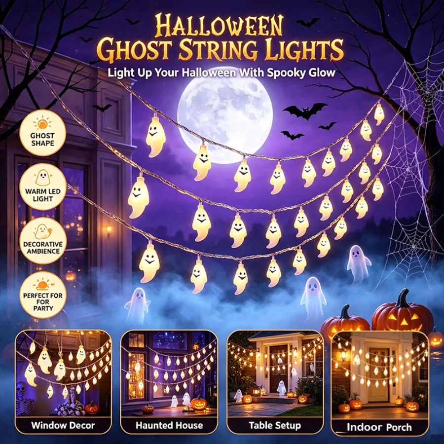Halloween Ghost String Lights Battery Operated, 3D Ghost LED Fairy Lights, Spooky Halloween Decorations for Party Decor