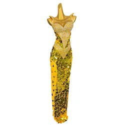 Vestido de noche con cristales para mujer, ropa de escenario Sexy para fiesta de boda, cumpleaños, traje de club nocturno con espejo dorado, Jinjingpian