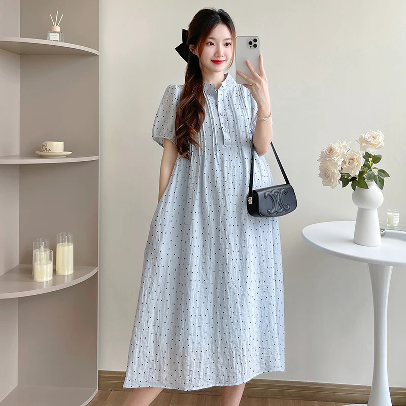 

Pregnant Women Summer Clothing Fashionable Small Polka Dot Maternity Dresses with Pocket Sweet Pregnancy A-Line Dress Wholesale