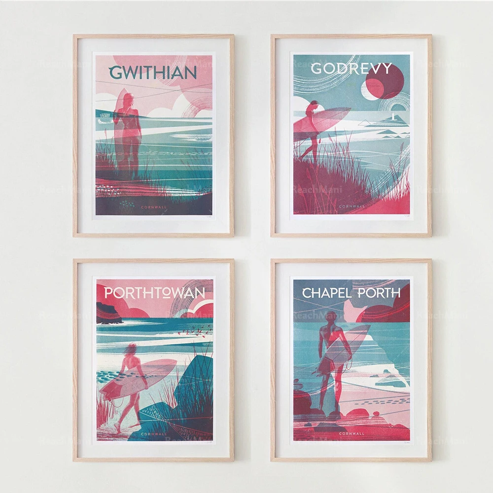 Surf poster, Cornish art print, Surfer girl, Ocean illustration, Beach vibe decor, Coast decor, Travel poster, Gift for surfer