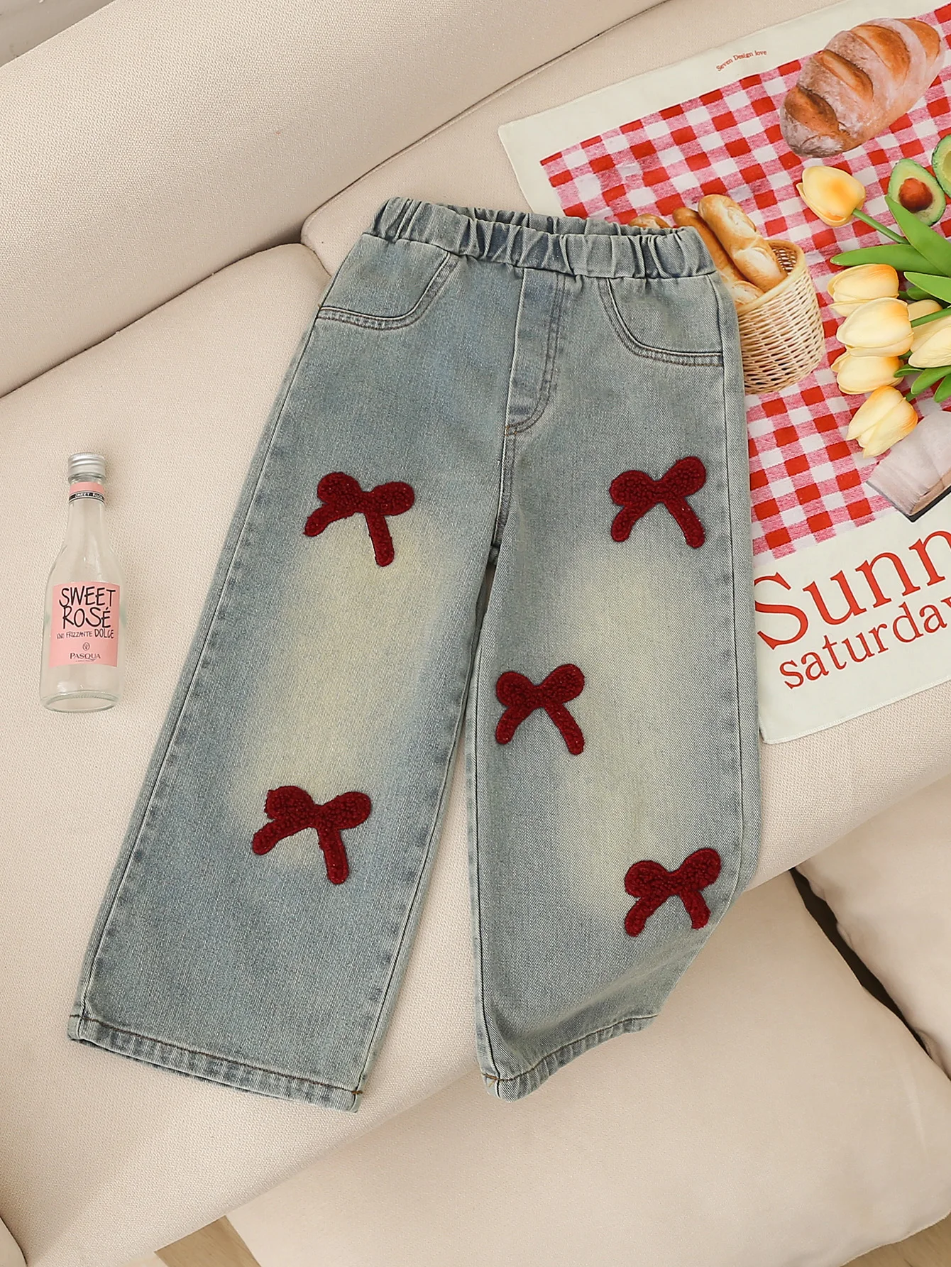 

Girls' Bowknot Patchwork Embroidered Retro Washed Jeans, Street Fashion Versatile Straight-Leg Pants
