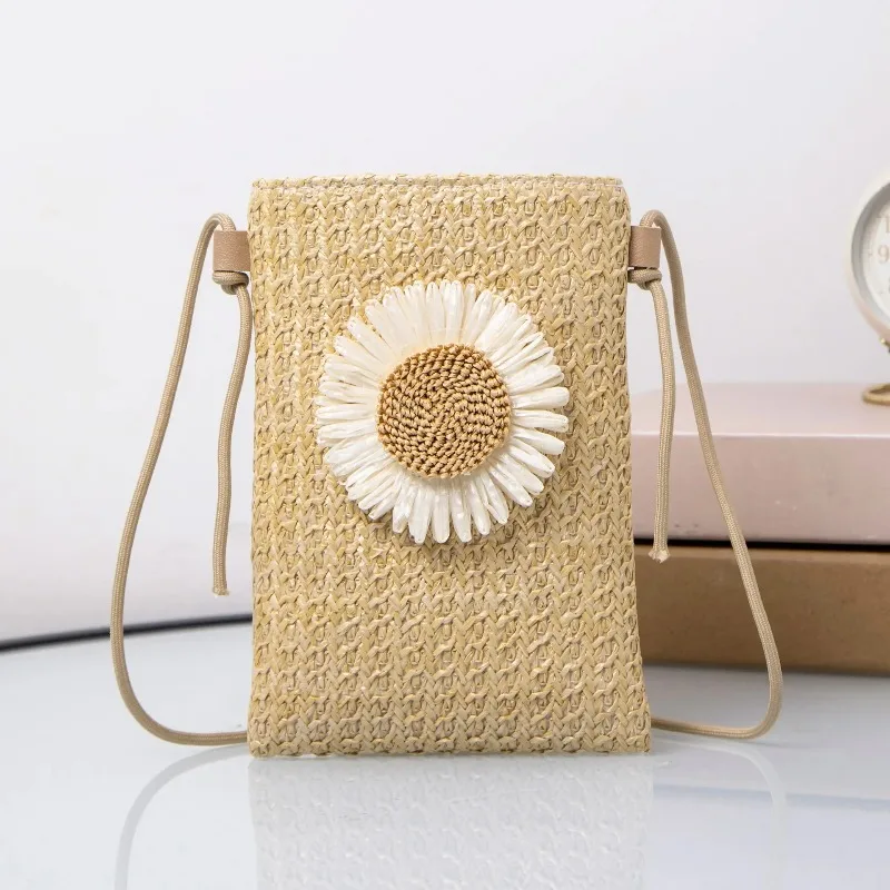 

Stylish Straw Weaving Phone Bags for Women's Girls Chic Cross Body Bag, Paired with White Flowers Single Weave Mini Shoulder Bag