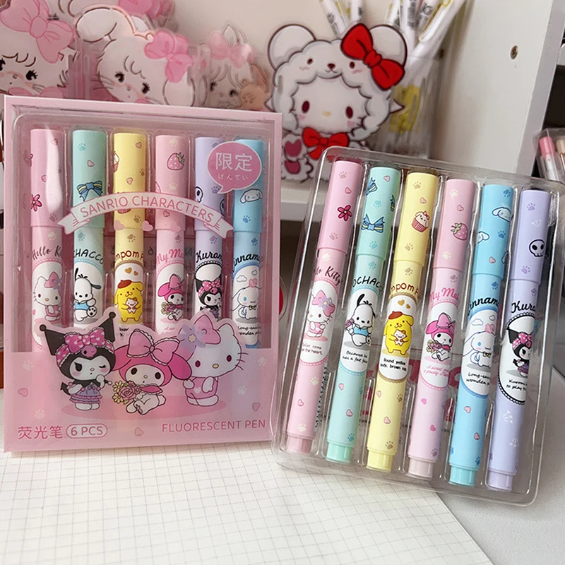 Cute Sanrio Highlighter 6 Boxed High-value Color Pen Multi-functional Kulomi Girl Heart Highlighter