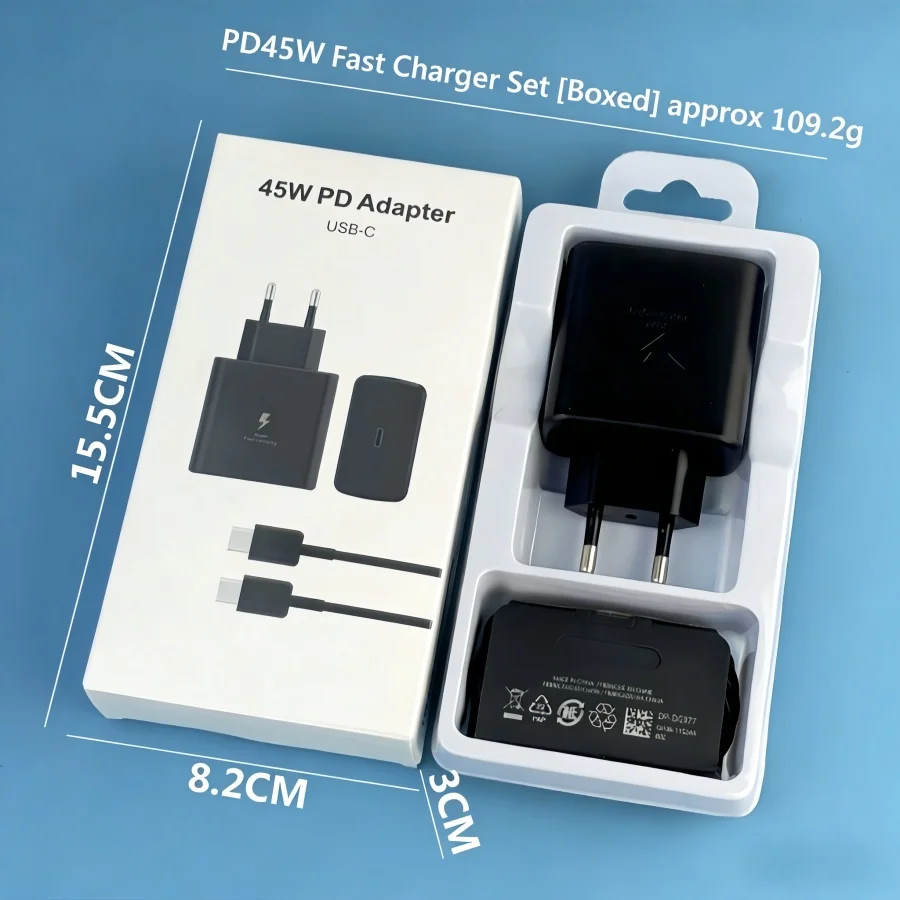 Original 45W PD Charging Adapter For Samsung Galaxy S25 S24 S23 S22 S21 S20 Z Flip 7 6 5 4 3 2 A16 A26 cable saver 0.3m cable