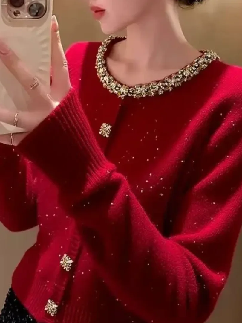 

Shiny Sequin Knitted Open Cardigan Women's Fashionable Red Sweater Jacket Small Fragrance Style Autumn Winter New Arrival