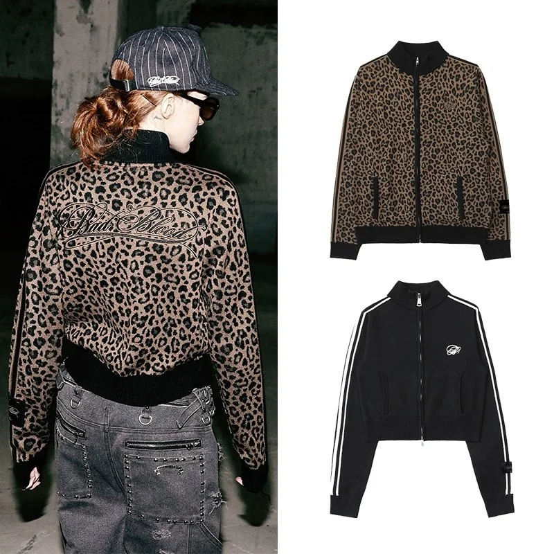 

Повседневный спортивный вязаный кардиган на молнии, женский свитер с воротником-стойкой и леопардовым принтом, теплый модный винтажный свободный кардиган...