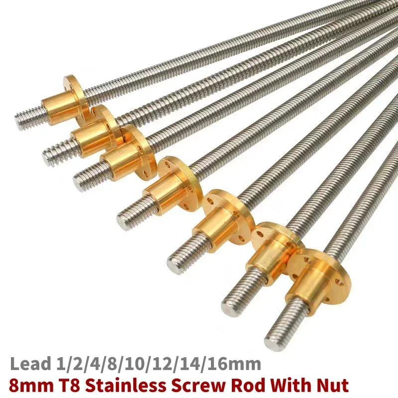 304 stainless steel T8 screw length 230/240/280/365/500/550mm lead 2mm 4mm 8mm 10mm 12mm trapezoidal spindle 1pc With copper nut