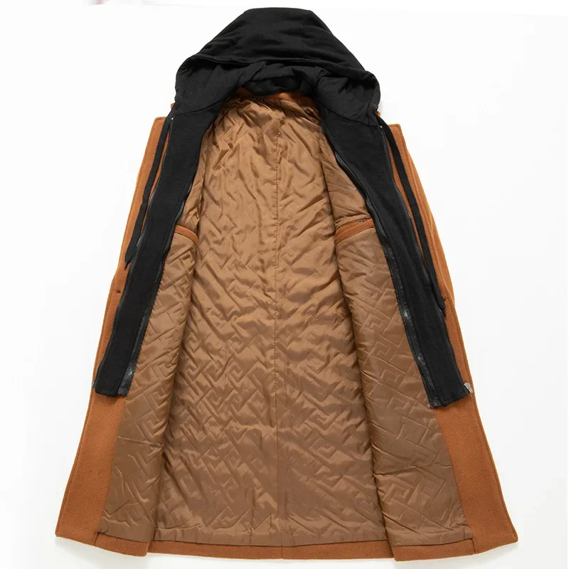 Men's Wool Trench Coat Fashion Hooded Warm Long Woollen Coats Business Casual Turn Down Collar Woolen Blend Men