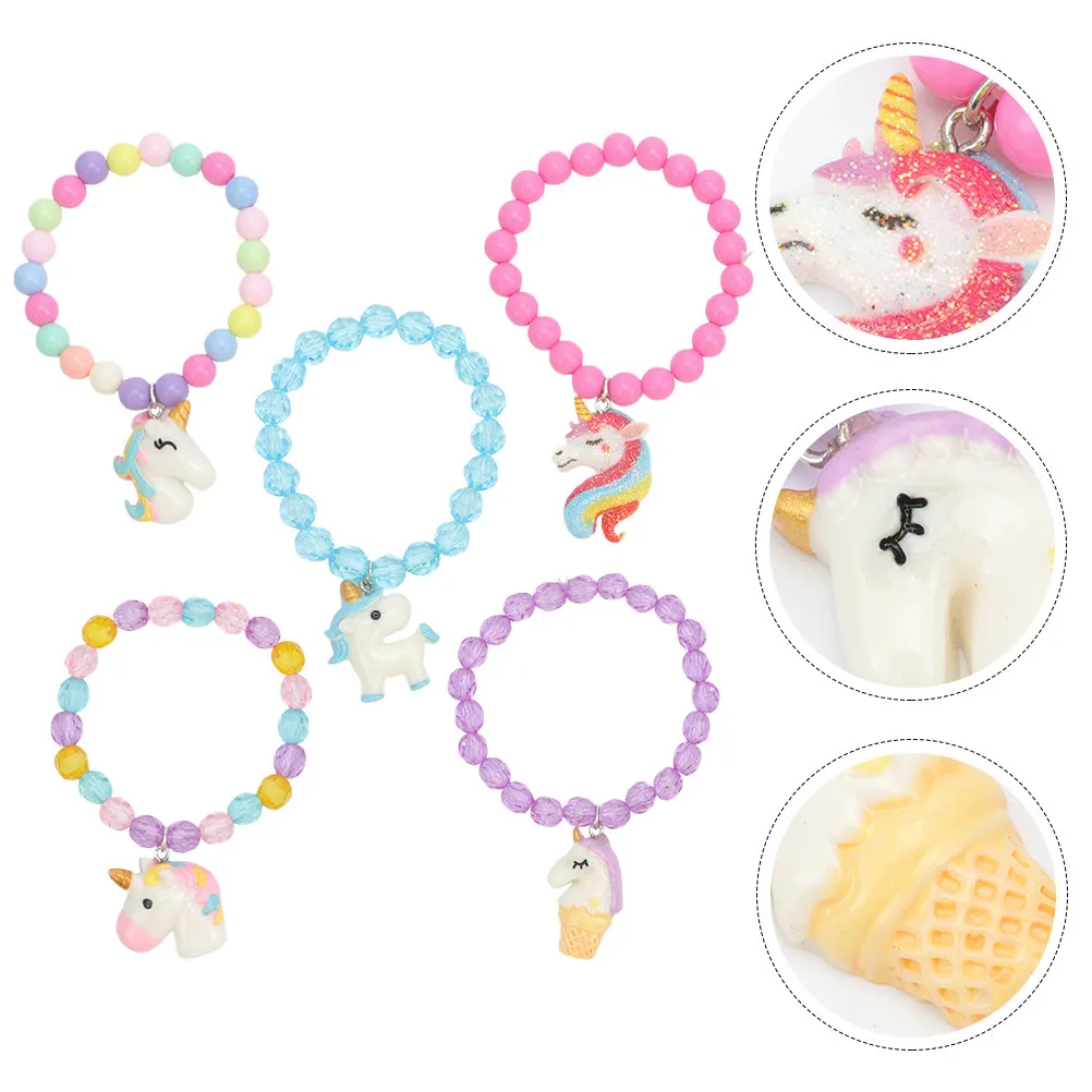 

5Pcs Kids Unicorn Bracelet Candy Color Acrylic Beads Handmade Wrist Decor for Children Travel Commemoration Award Ceremony