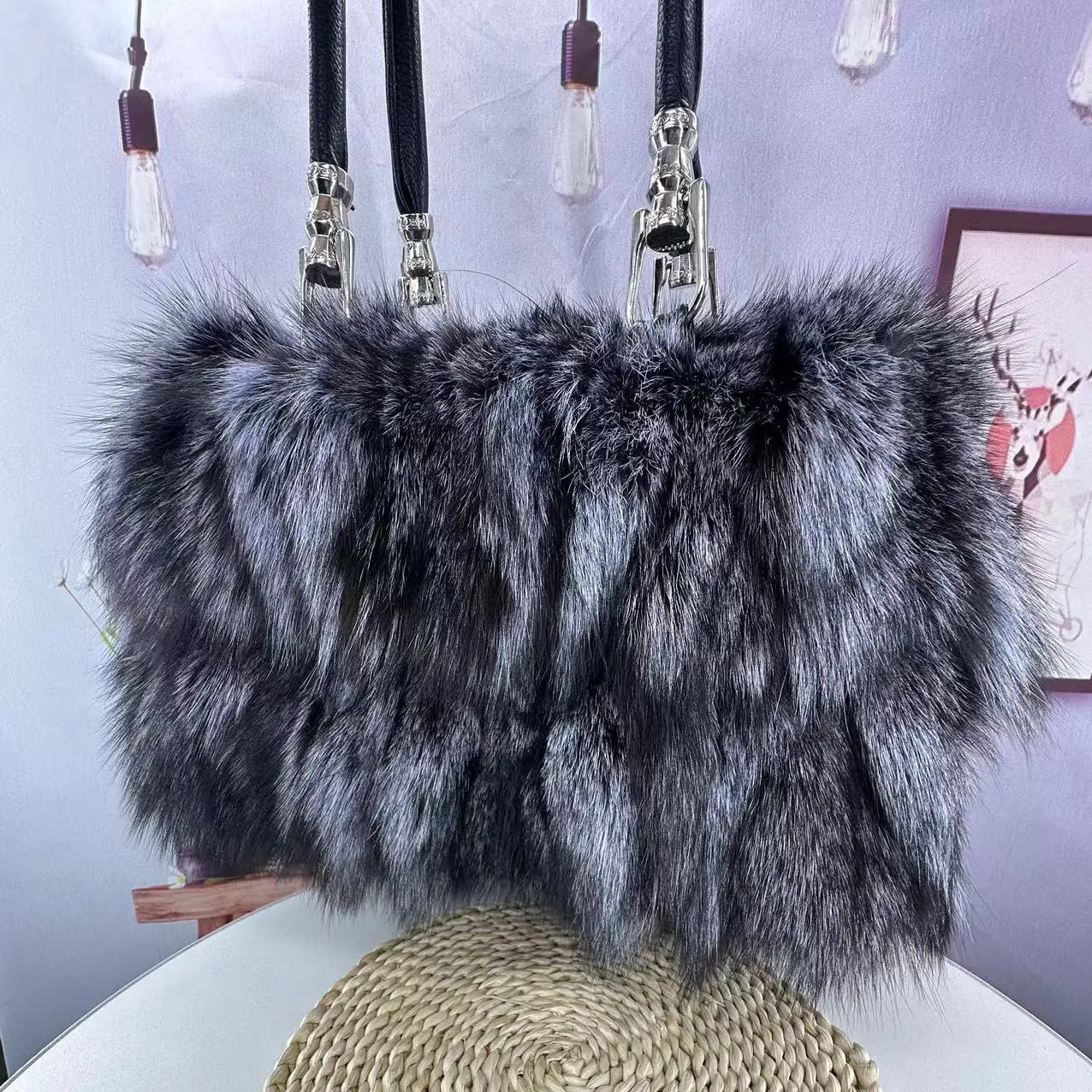 Large Genuine Fox Fur Tote Bag Women's Shoulder Bag
