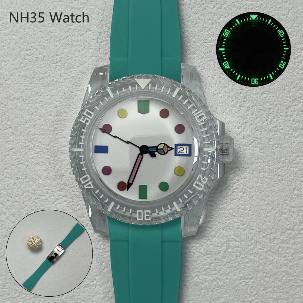 40.5 มม.แฟชั่นผู้ชาย NH35 นาฬิกาอะคริลิคส่องสว่างสีสายยางและญี่ปุ่น NH35 อัตโนมัติ