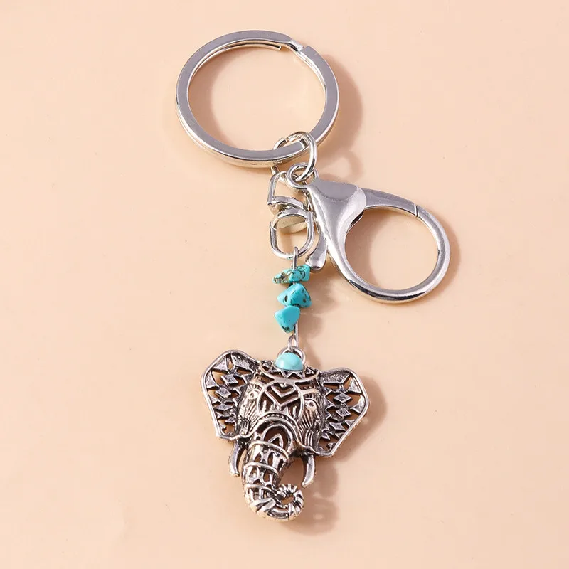 Aihua Ethnic Bohemia Turquoise Stone Big Indian Elephant Keychain for Women Men Car Keyring Handbag Pendant Accessories