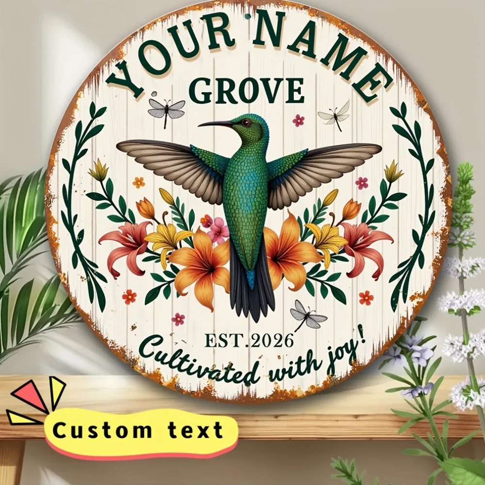 CIFbuy Custom Grove Round Metal Sign,Personalized Hummingbird Floral Wall Decor (Only For Decoration)