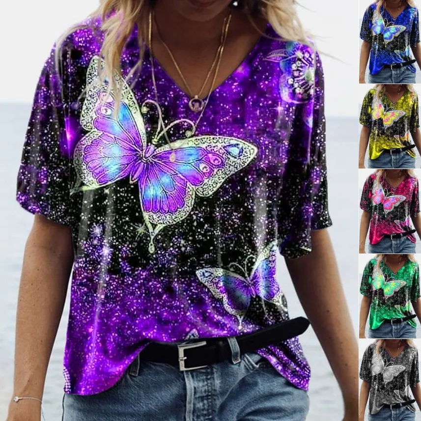 Top de manga de cinco puntos con estampado de mariposa para mujer, camisetas informales que combinan con todo, moda de calle alta, verano, primavera y otoño