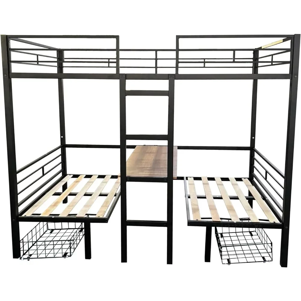 Triple Bunk Bed for 3 Kids Adults, Twin-Over-Twin-Over-Twin Sturdy Metal Bedframe w/Guardrail for Dorm, Bedroom, Guest Room