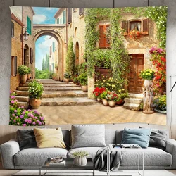 Outdoor Garden Poster Tapestry Tuscan House with Rustic Wooden Doors and Floral Patterns Tapestry Home Patio Decor Wall Hanging