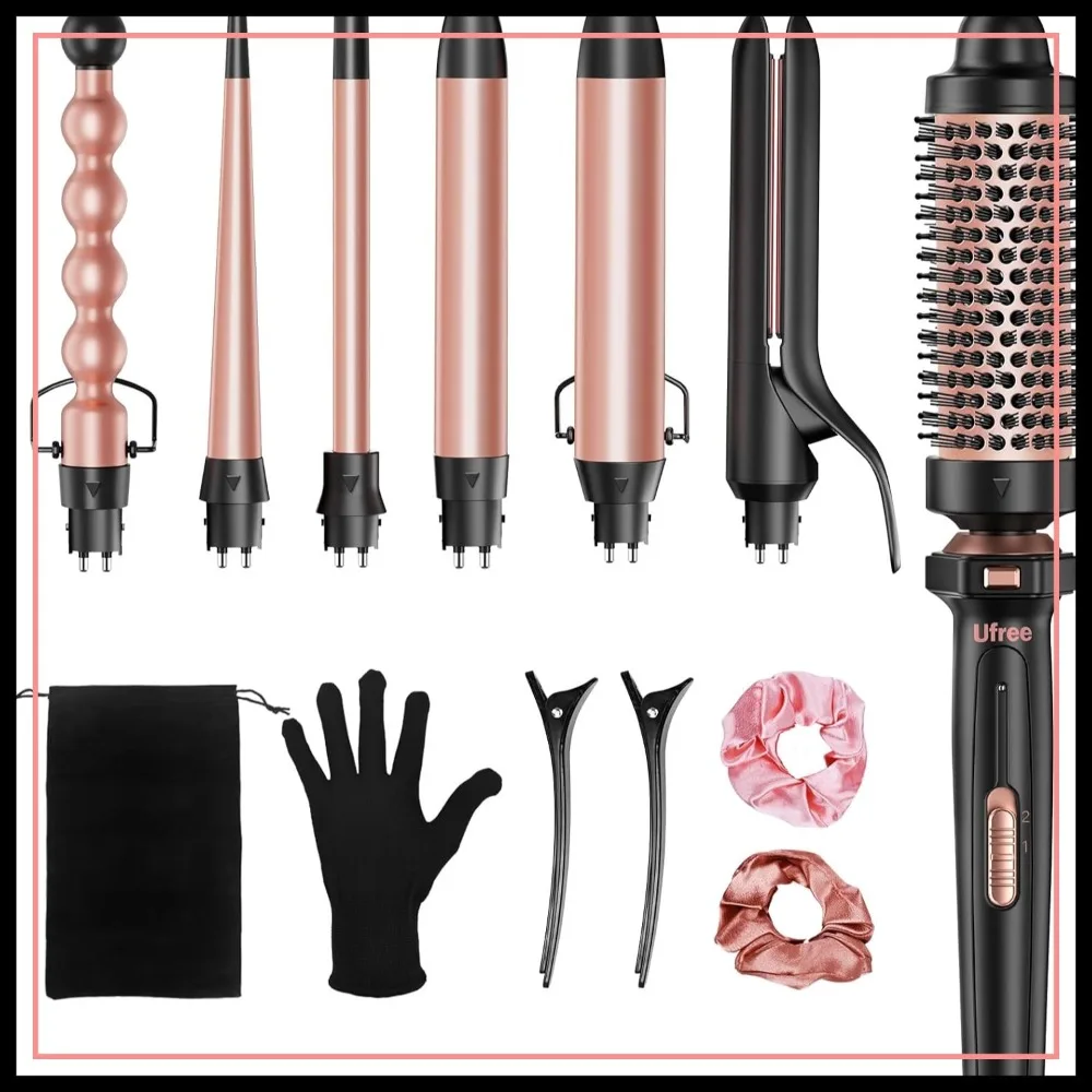 

7-in-1 Curling Iron Set with Ceramic Barrels, Hair Straightener & Thermal Brush, Versatile Styling Tool for Women