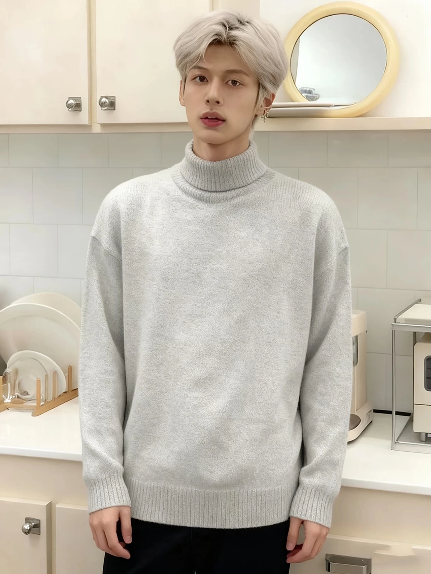 

Light ey Fce Lined High Collar Men's Knitwear Casual Sle Base Layer irt Comfortable Loose Fit Long Sve Crew Ne