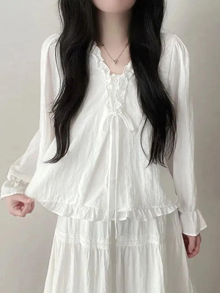 

Korean Sle Long Sve Lace Patchwork Loose Women's irt Sweet Versatile Fake Two-Piece Design with Bow Belt Detail