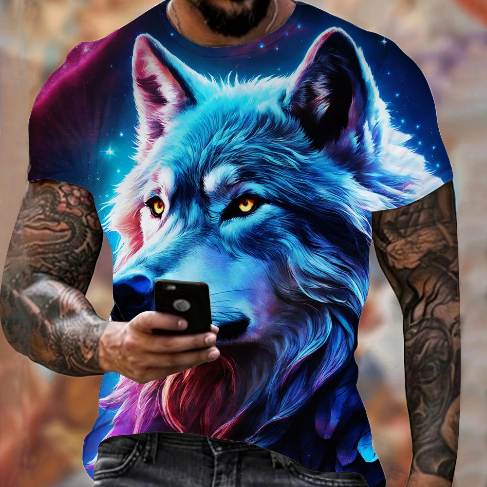 Summer Men\'s Lightweight Fitness Sports T-Shirt Cool Fire Wolf Graphic 3D Print Short Sleeve Casual Loose Streetwear Men\'s Tops