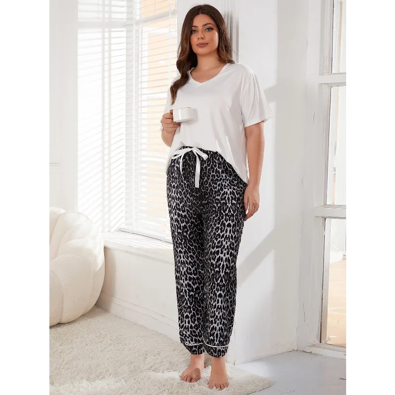 

2pcs Set Women's Pajama Set - Short Sleeve Top & Leopard Print Long Pants, Comfortable Loungewear & Casual Homewear Set