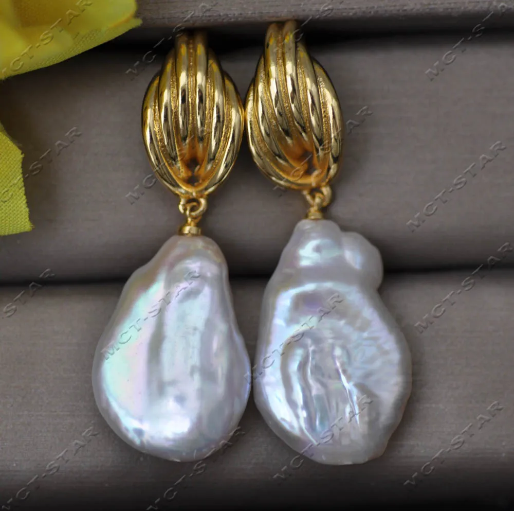 MTC·STAR  Z13432 27mm White Baroque Coin Keshi Reborn Pearl Leaves Dangle Earring Custom Jewelry