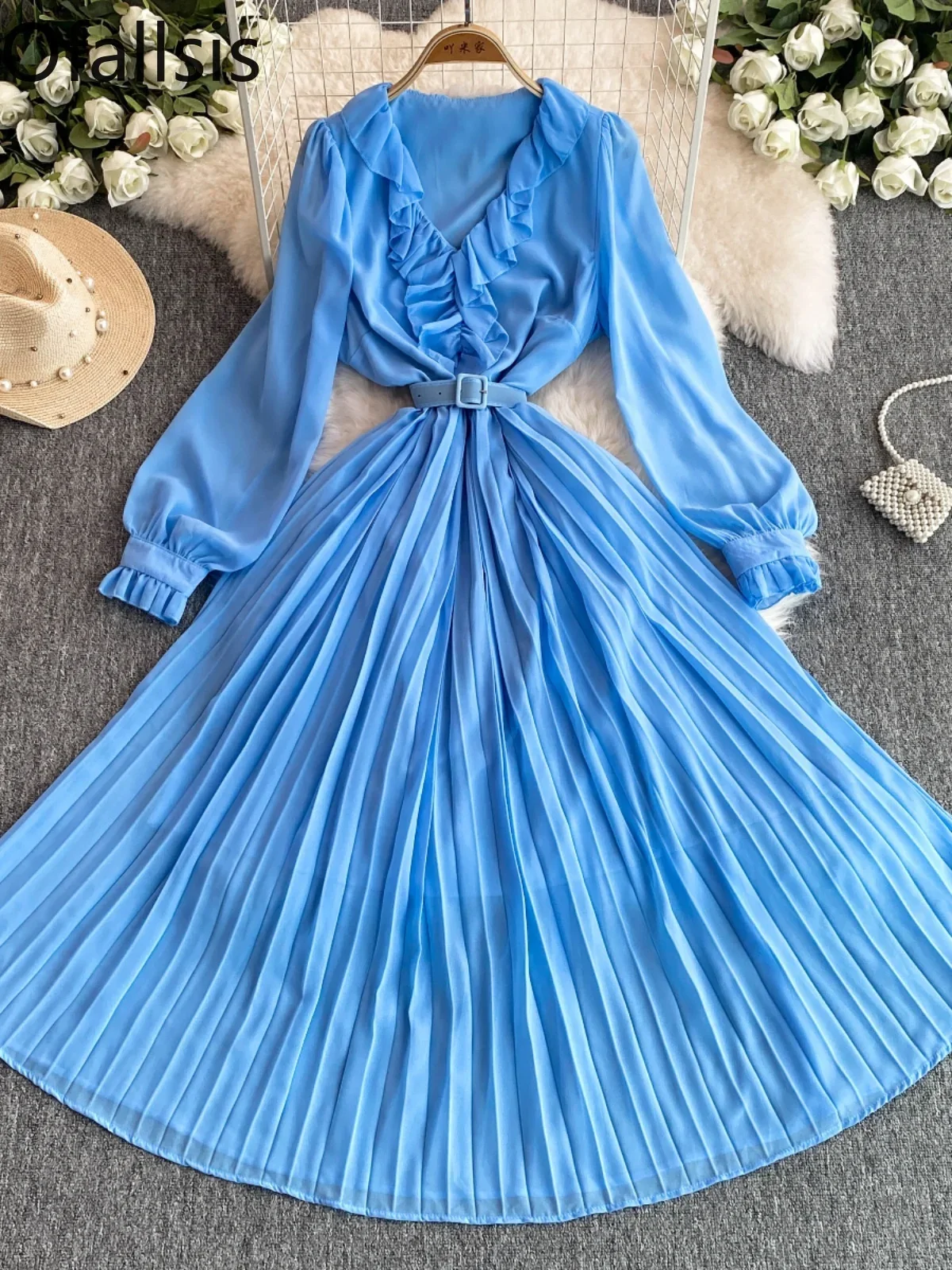 Ofallsis V neck Pleated Korean Chic Dress 2024 Spring Autumn New Waist Slimming Ruffled Long Sleeved Long Large Swing Dresses