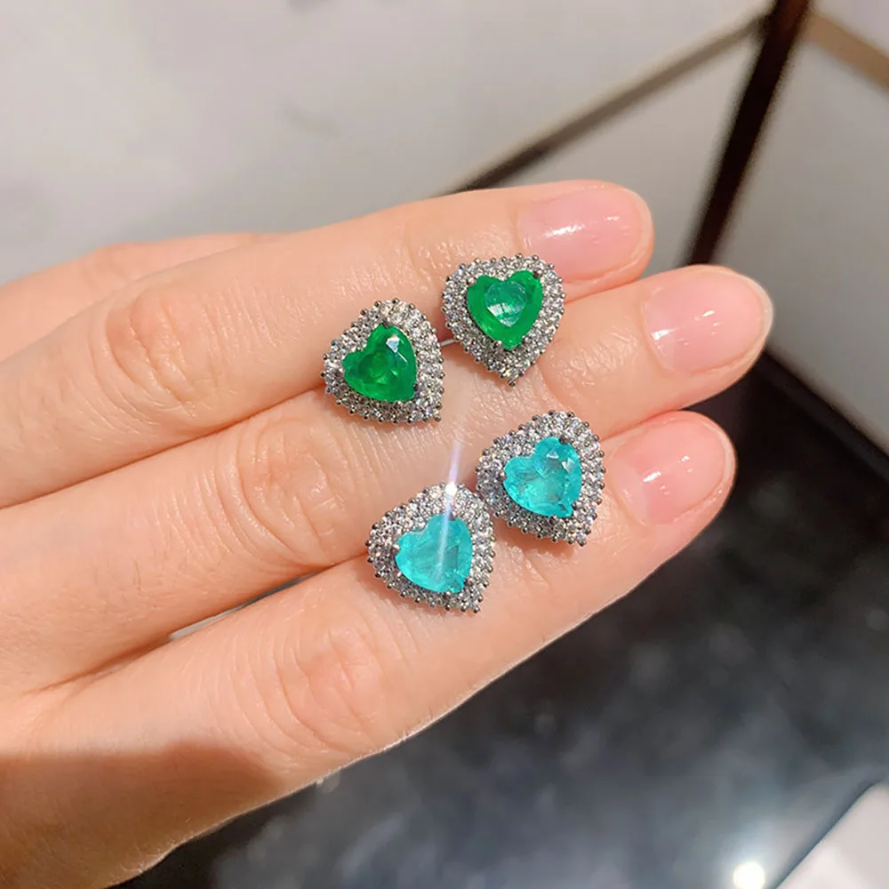 New Fashion Heart-Shaped Paraiba Tourmaline Emerald Stone Earrings For Women Lab Diamonds Earring Fine Jewelry Gift