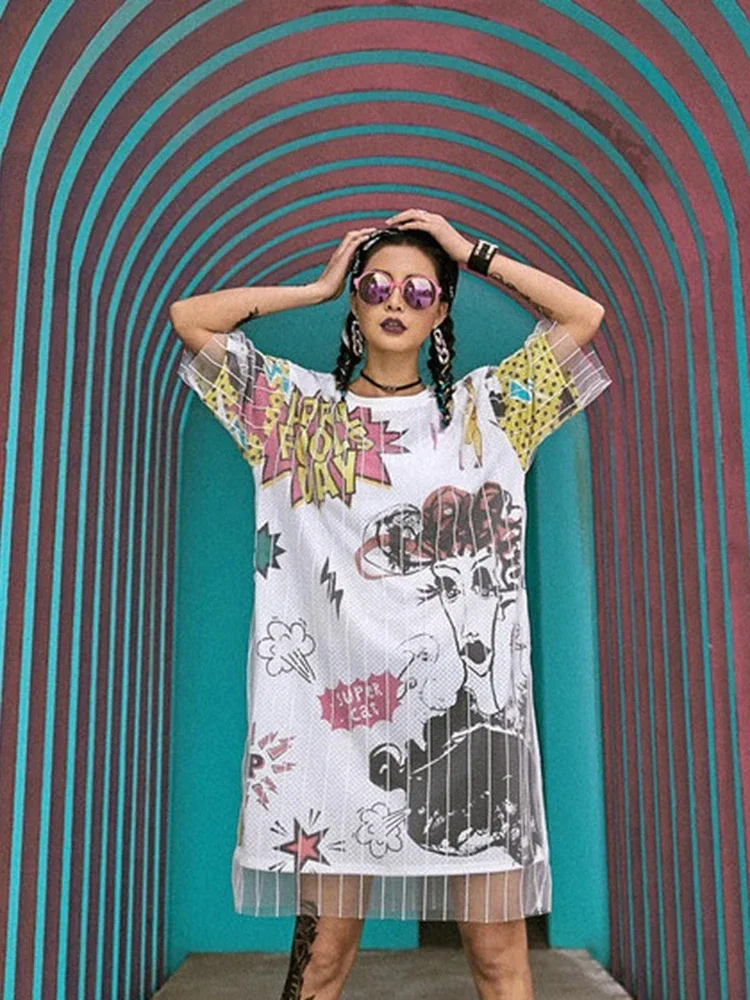 여름 여성 힙합 드레스 조수 브랜드 대형 가짜 투피스 메쉬 티셔츠 드레스 여성 레트로 헤드 샷 공주 드레스 GD296